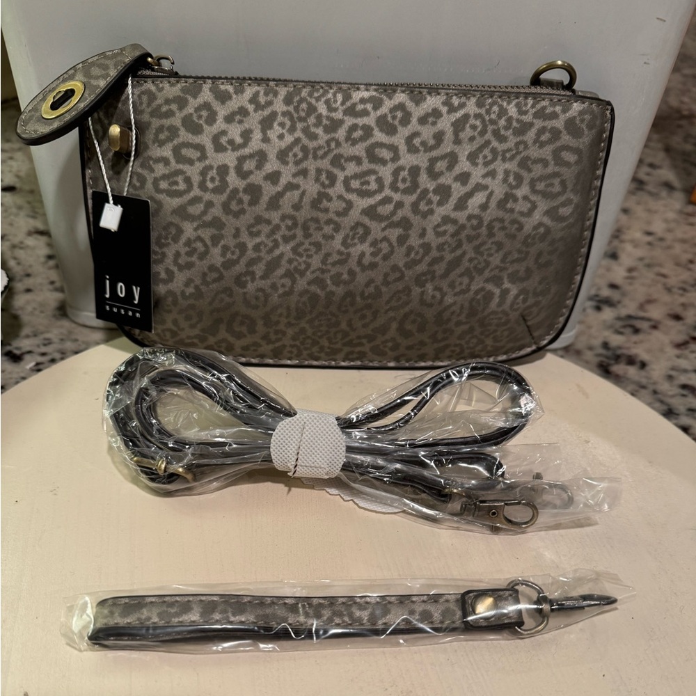 NWT Joy Susan Crossbody Wristlet Grey Leopard Animal Print. Never used.